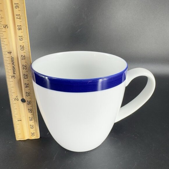 Crate & Barrel Belmont White Cobalt Blue Band Sri Lanka Porcelain Mugs Cups Set2 - Picture 3 of 14